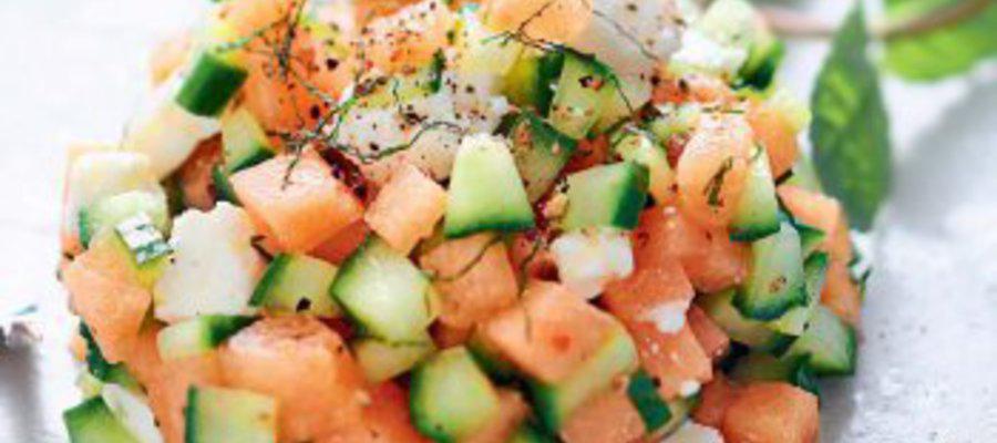 Tartare de melon, feta, concombre et menthe (entrées)